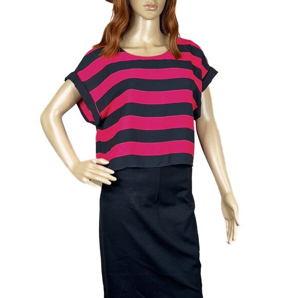 H & M Black Pink Striped Shirt Dress Stretch Skirt Midi Size 8 - Picture 1 of 7